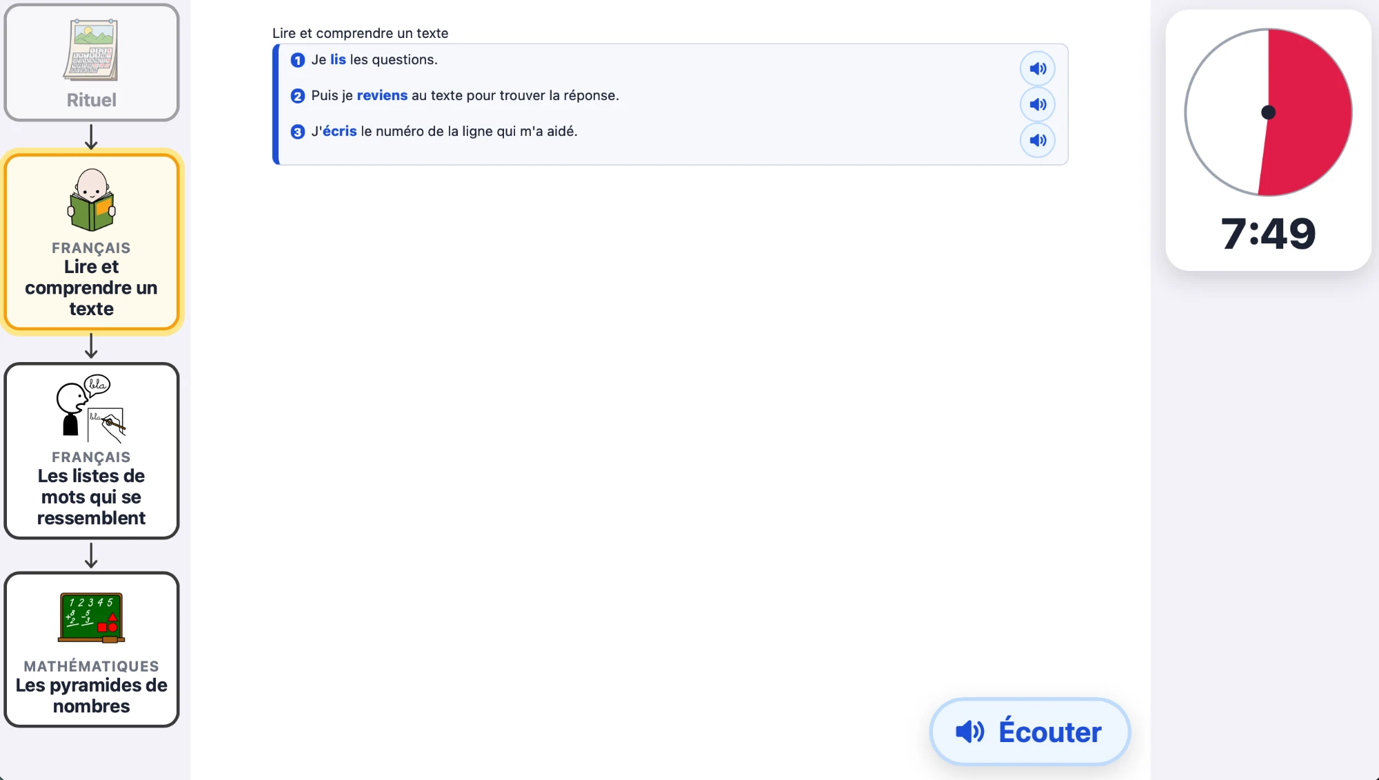 La page d'une tablette : à gauche le déroulement du créneau en pictogrammes, au centre une consigne en trois étapes, chacune avec son haut-parleur, un bouton Écouter en bas, et à droite un minuteur.